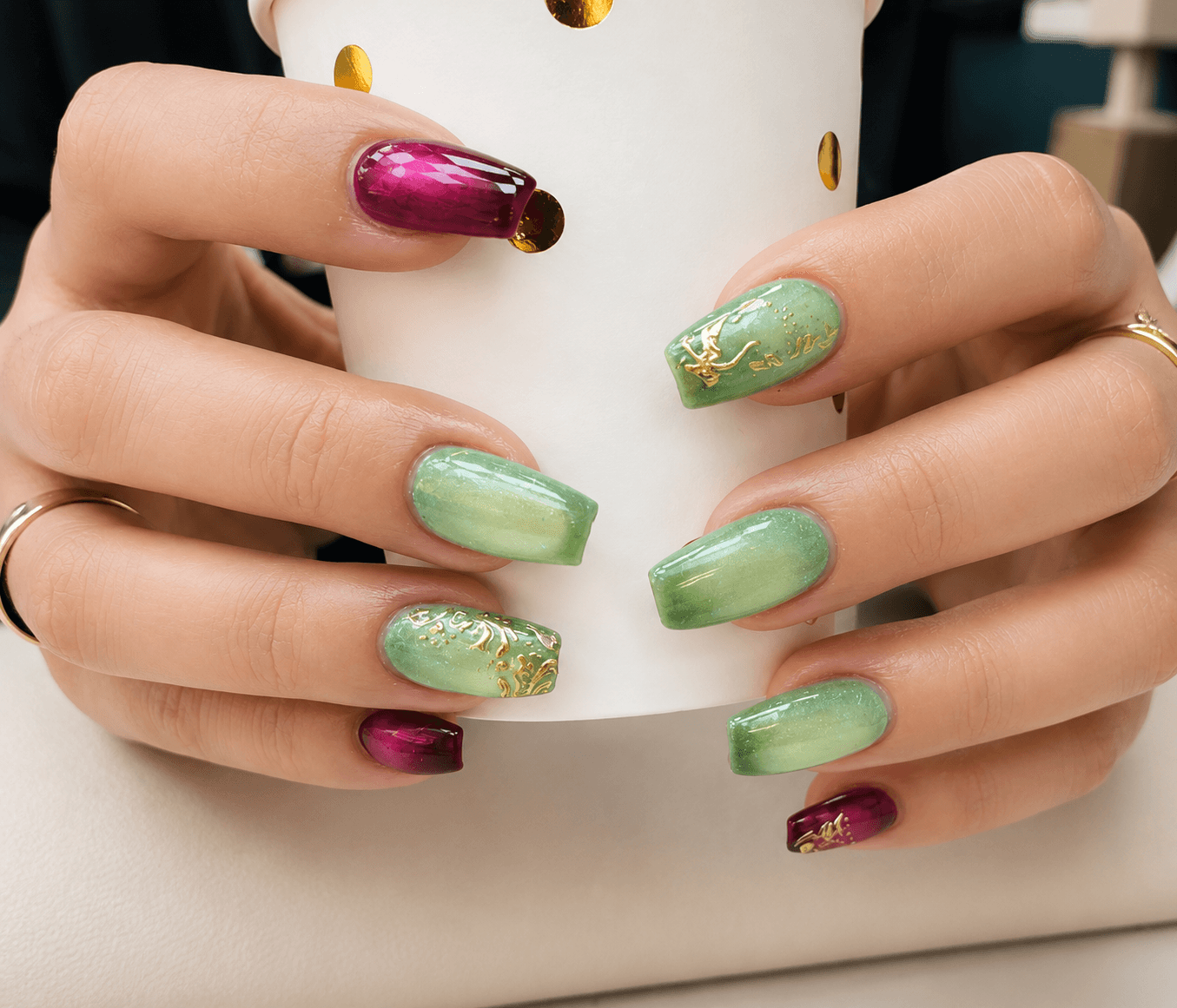 Nail art vert & bordeaux avec motifs dorés